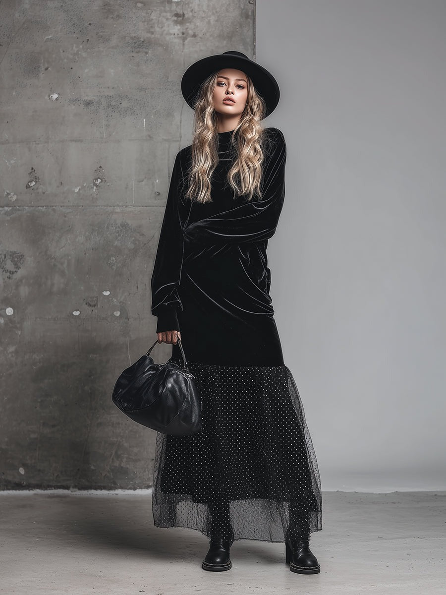 Elegant Loose Half-high Collar Polka Dot Mesh Hem Black Velvet Maxi Dress