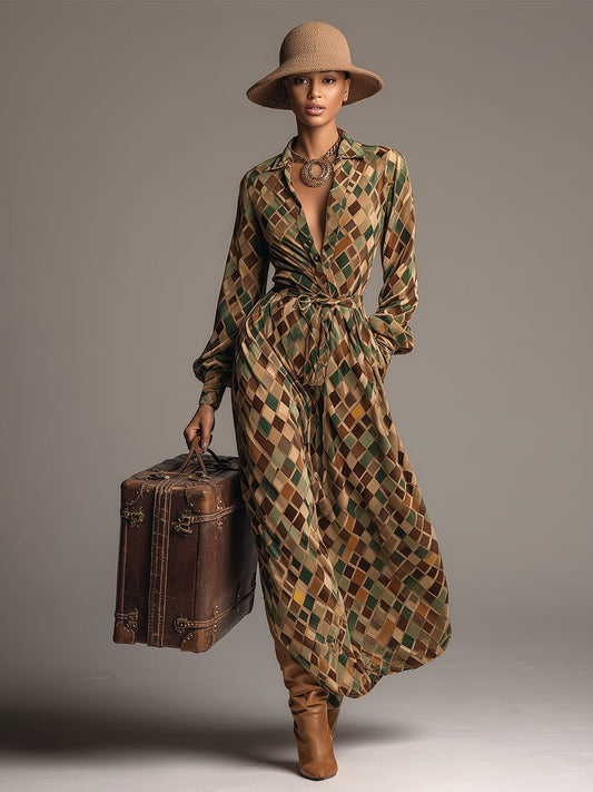 Retro Classic Brown And Green Diamond Check Print Lapel Velvet Maxi Dress