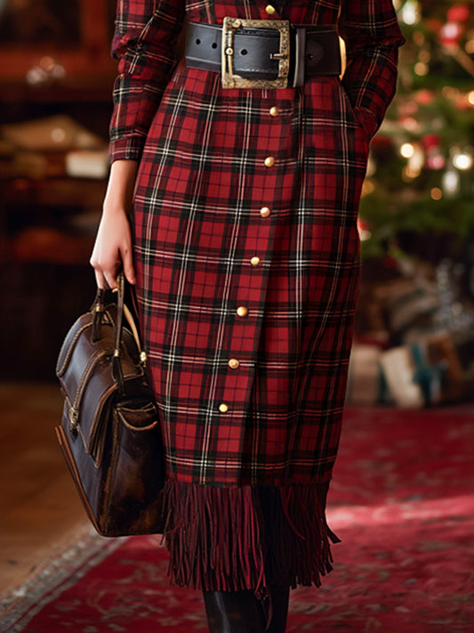 Retro Fashionable Tassel Hem Plaid Midi Dress