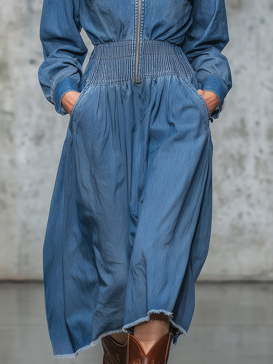 Retro Western Blue Denim Hooded Midi Dress