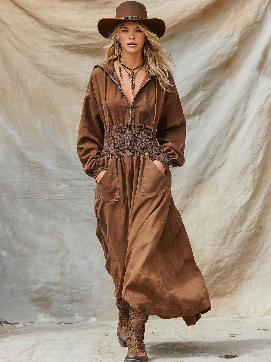 Retro Western Brown Denim Hooded Maxi Dress
