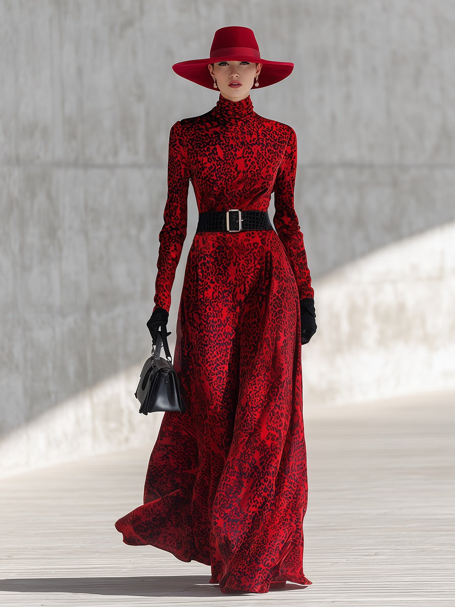 Vintage Leopard Print Stand Collar Long Sleeve Velvet Dress