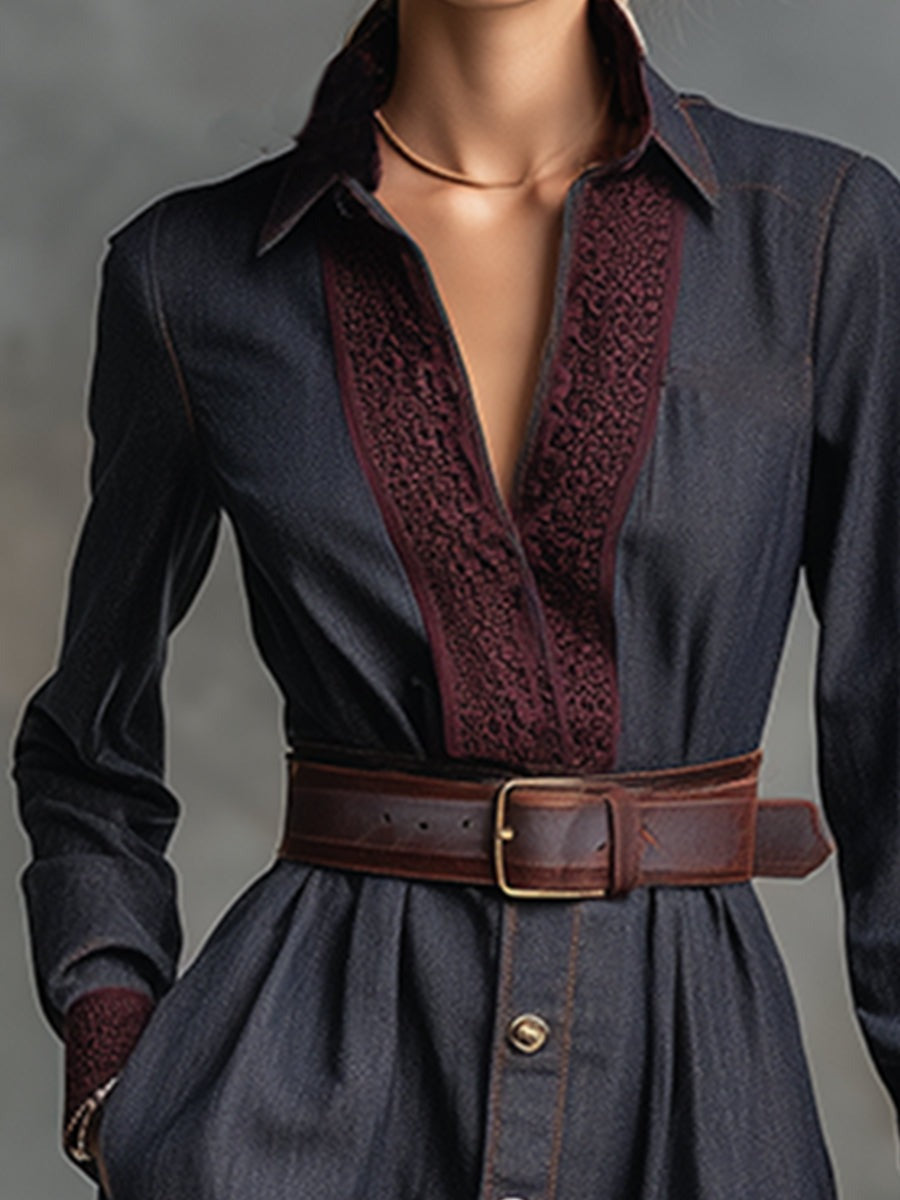 Retro Elegant Dark Blue Faux Denim Lapel Lace Trim Neckline Maxi Dress