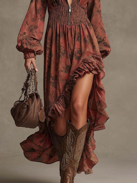 Vintage Western Maroon Suede Lapel Front Zipper High-low Ruffle Hem Floral Print Maxi Dress