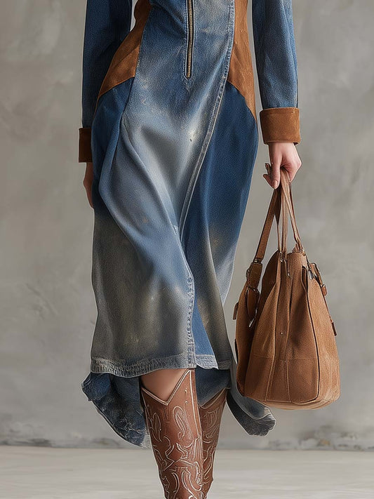 Vintage Western Distressed Lapel Front Zipper Brown Suede Stitching Blue Denim Midi Dress