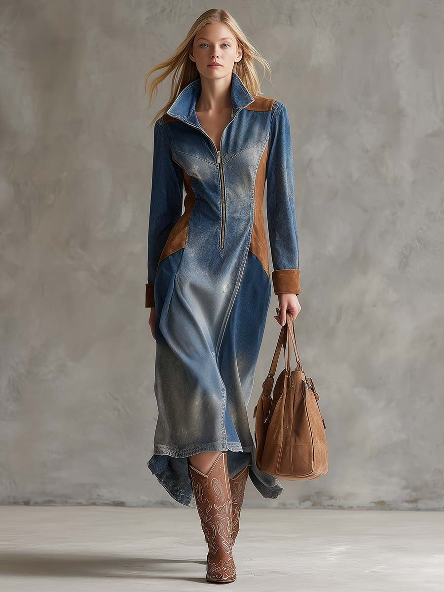 Vintage Western Distressed Lapel Front Zipper Brown Suede Stitching Blue Denim Midi Dress