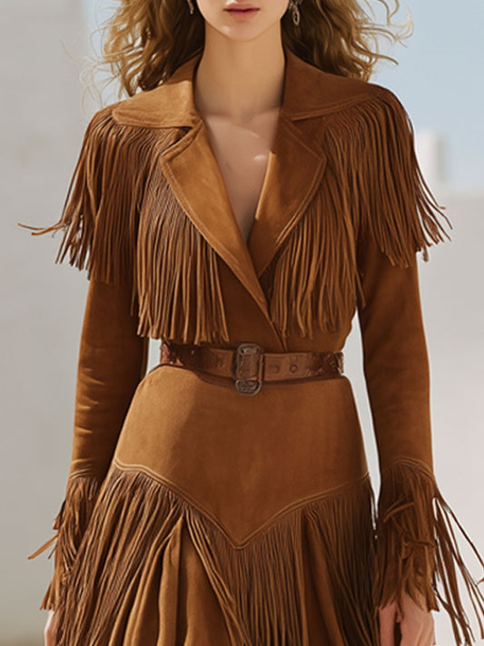 Western Vintage Lace-Up Camel Faux Suede Tassel Midi Dress