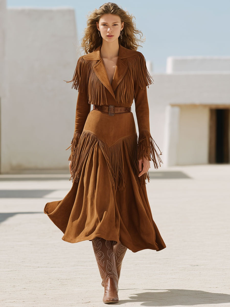 Western Vintage Lace-Up Camel Faux Suede Tassel Midi Dress