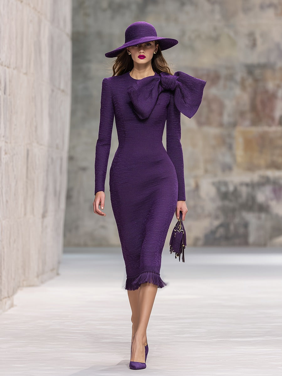 Round Neck Oversized Bow Embellishment Tweed Midi Dress