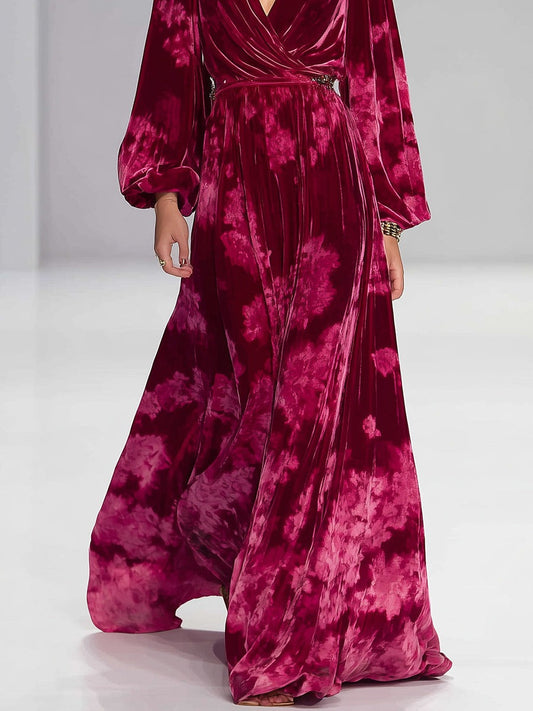 Casual Retro 3D Floral Embellished Red Printed Velvet Maxi Dress