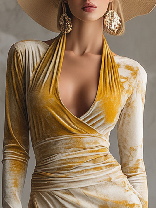 Stylish And Sophisticated Yellow Floral Print White Velvet Midi Dress