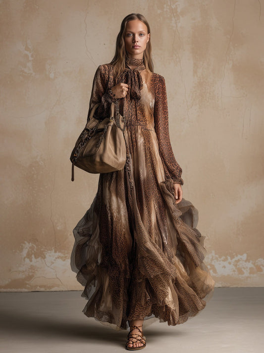 Retro Elegant Brown Animal Print Chiffon Neckline With Ribbon Maxi Dress