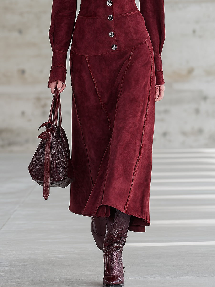 Retro V-neck Faux Suede Maxi Dress