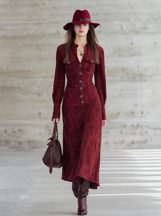 Retro V-neck Faux Suede Maxi Dress