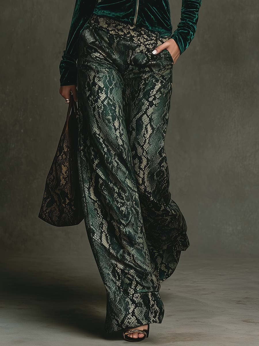 Elegant Retro Sporty Dark Green Velvet Hoodie And Snake Print Wide-Leg Pants Set