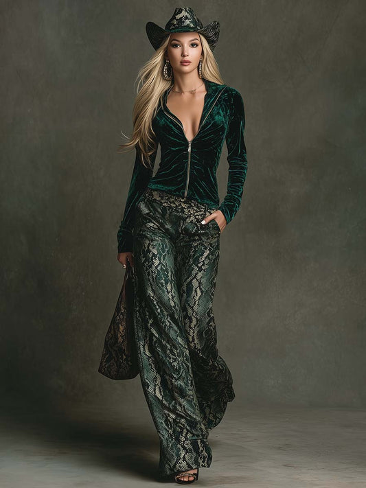 Elegant Retro Sporty Dark Green Velvet Hoodie And Snake Print Wide-Leg Pants Set