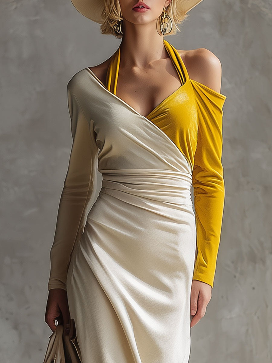 Elegant And Sophisticated Yellow And White Velvet Midi Dress
