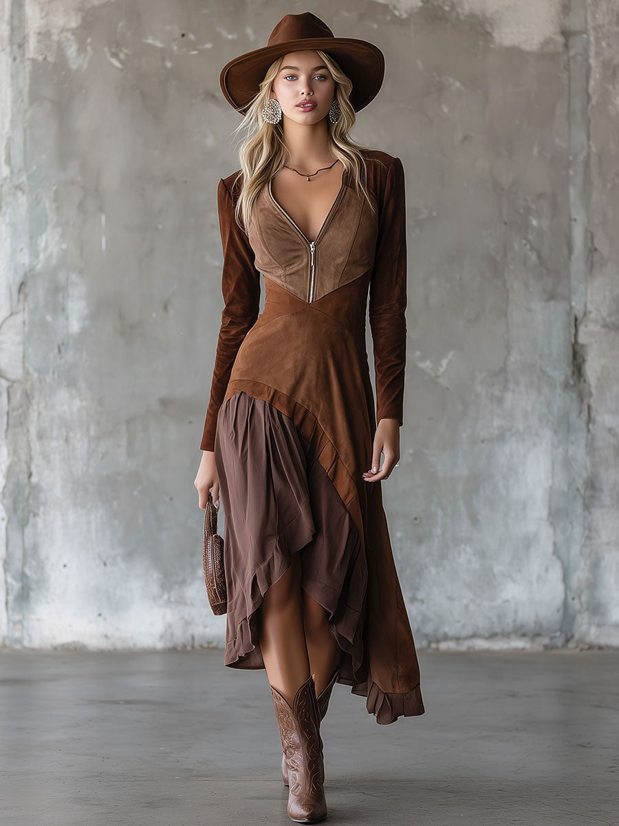 Western Retro Brown Faux Suede Patchwork Midi Dress