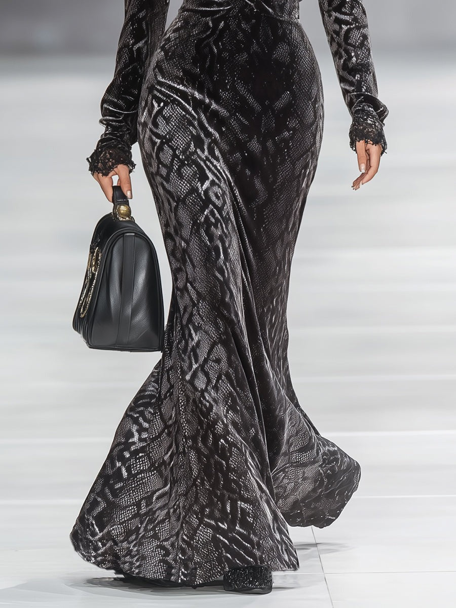 Chic Western-style V-neck Lace Snakeskin Print Velvet Maxi Dress