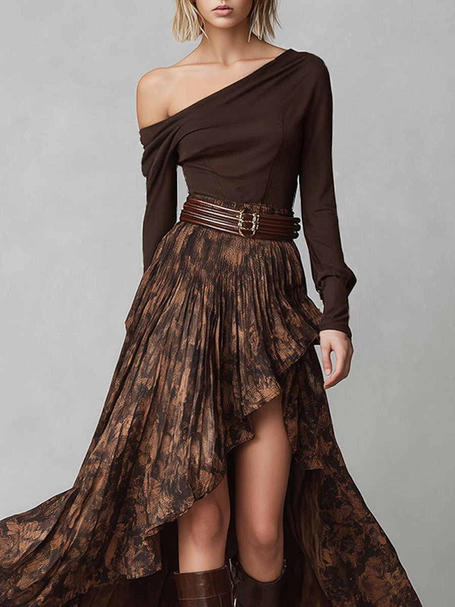 Retro Brown Off-shoulder Shirt And Irregular Print Skirt Set