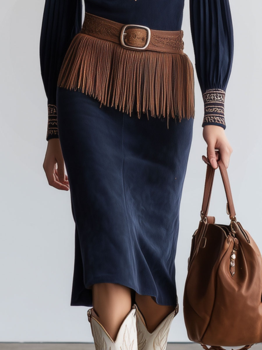 Western Retro Navy Blue Faux Suede Embroidered Tassel Belt Midi Dress