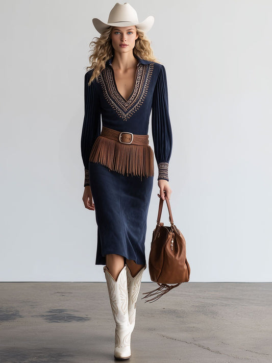 Western Retro Navy Blue Faux Suede Embroidered Tassel Belt Midi Dress