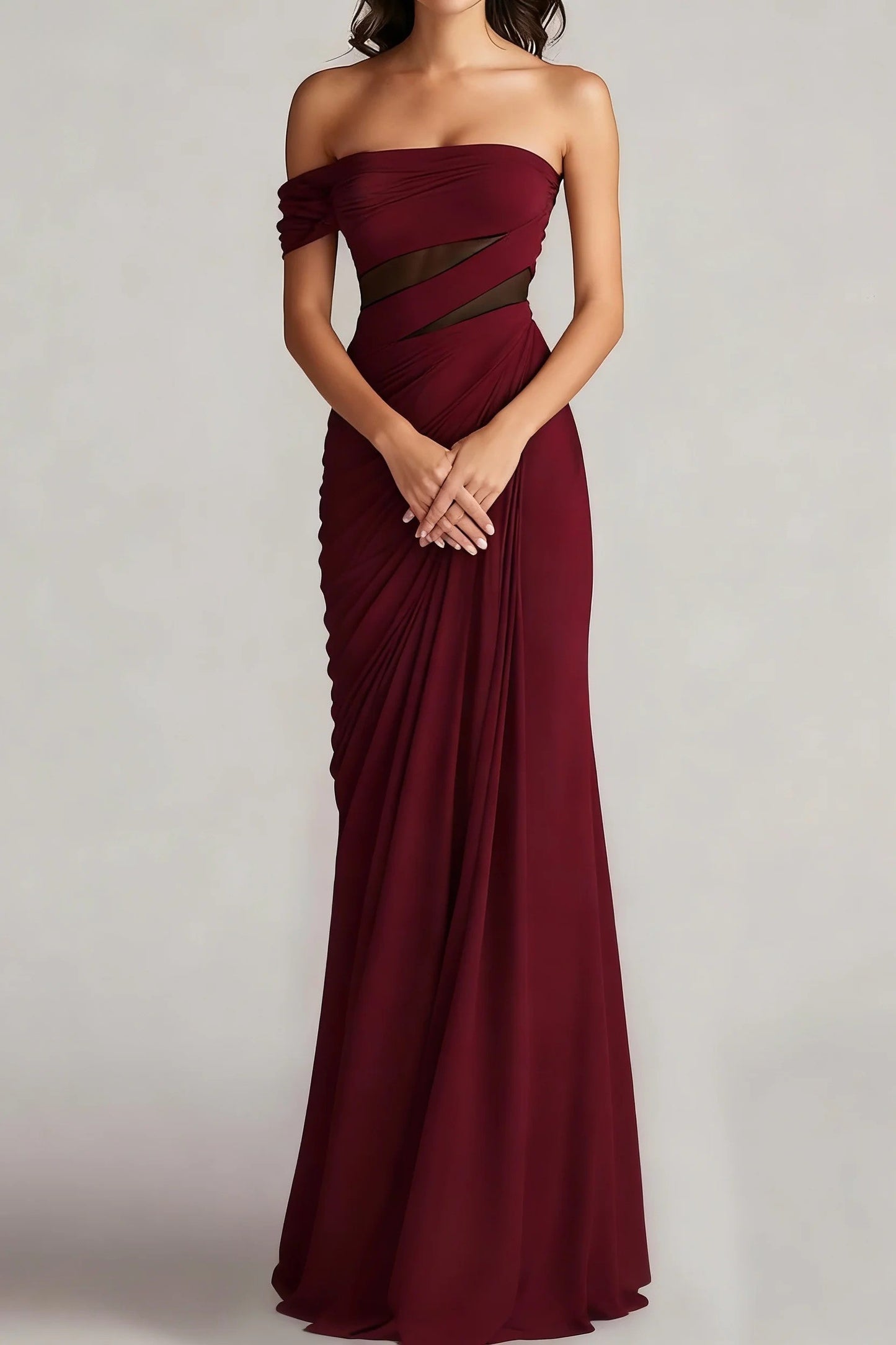 Formal Evening Dress Burgundy Off The Shoulder Ruched Maxi Dress