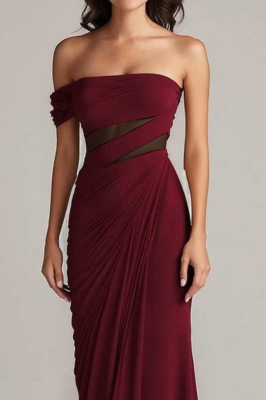 Formal Evening Dress Burgundy Off The Shoulder Ruched Maxi Dress