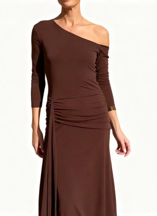 Chocolate Brown One-Shoulder Ruched Maxi Dress