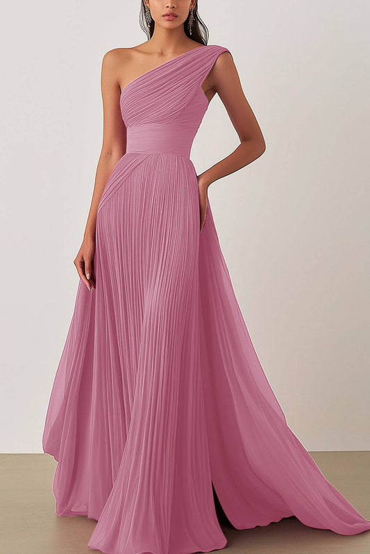Prom Formal Pleated Dress Rose Color One-Shoulder Maxi Dress