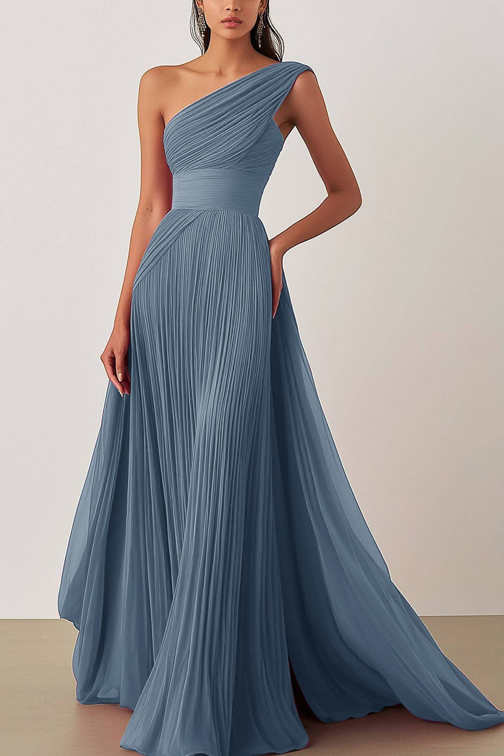 Prom Formal Pleated Dress Rose Color One-Shoulder Maxi Dress