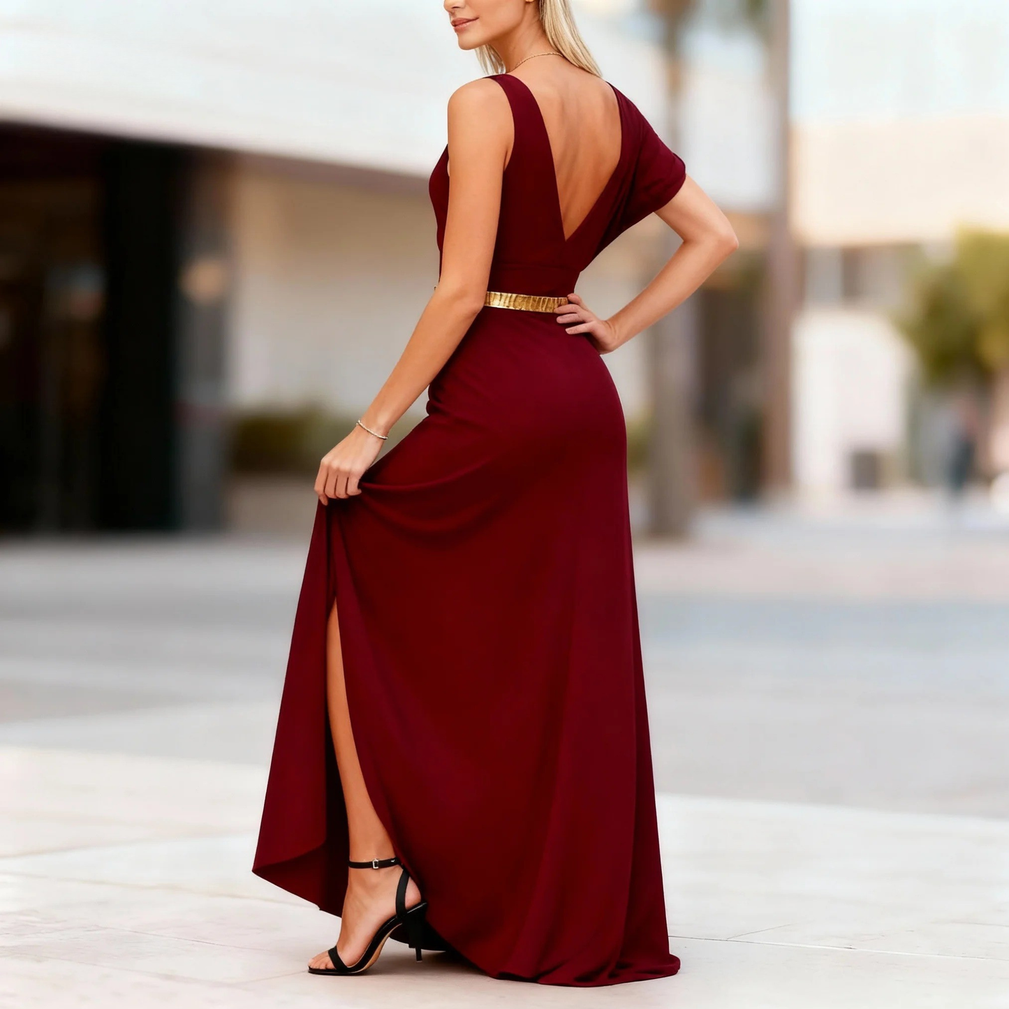 Burgundy One-Shoulder Wrap Maxi Dress With Gold Belt