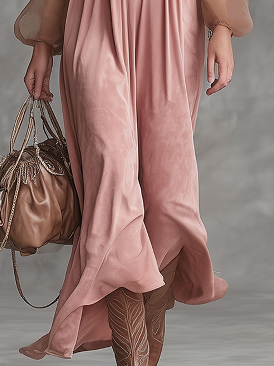 Western Retro Loose-fitting Sheer-sleeved Pink Faux Suede V-neck Maxi Dress