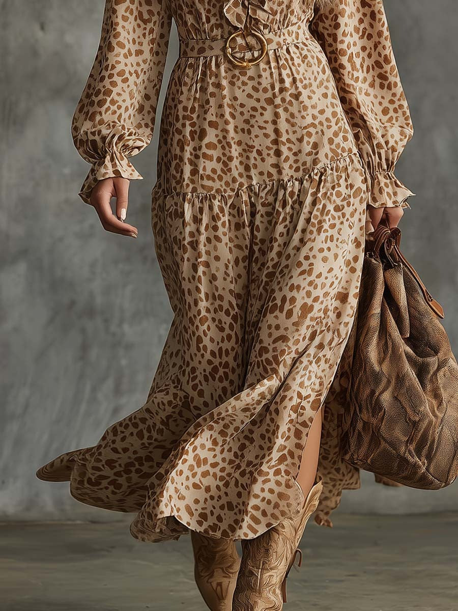Western Vintage Ruffled V-neck Beige Leopard Print Slit Maxi Dress