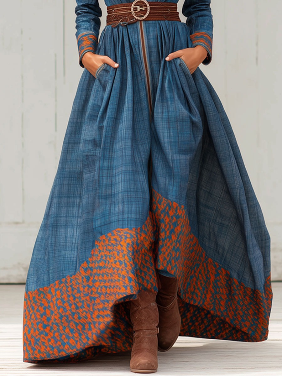 Western Retro Blue Plaid Long Sleeve Maxi Dress