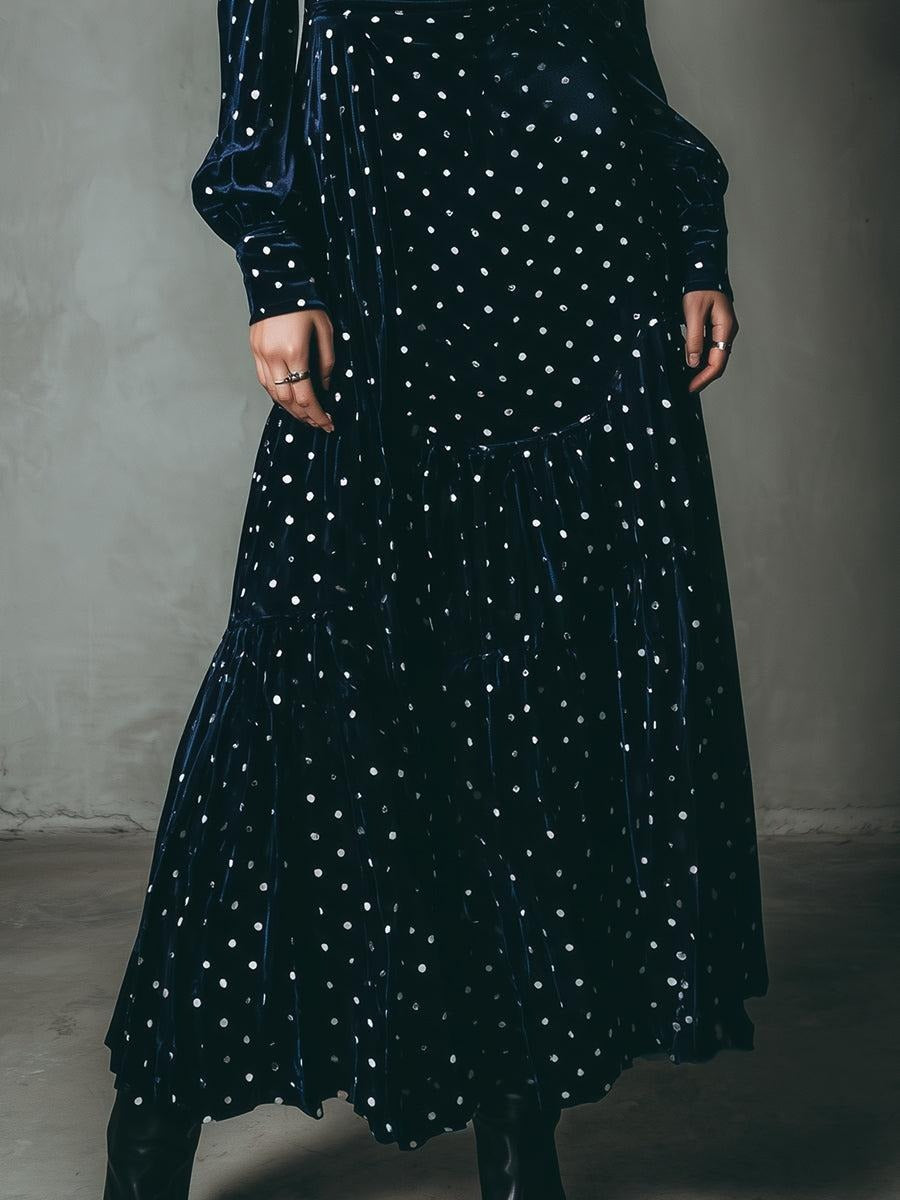 Navy Velvet Polka Dot Long Sleeve Maxi Dress