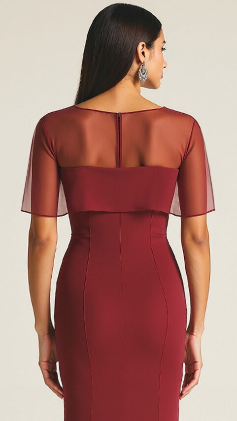 Evening Formal Dress Burgundy Sheath Strapless Cape Maxi Dress