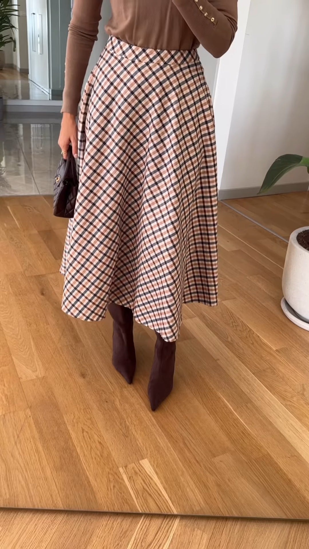 Brown Knit Top & Plaid A-Line Midi Skirt Set