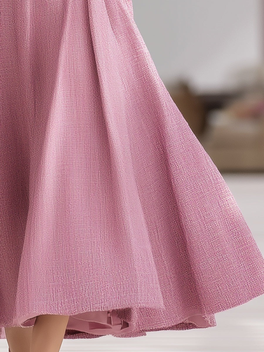 Elegant Pink Tweed Lapel Coat And Skirt Set