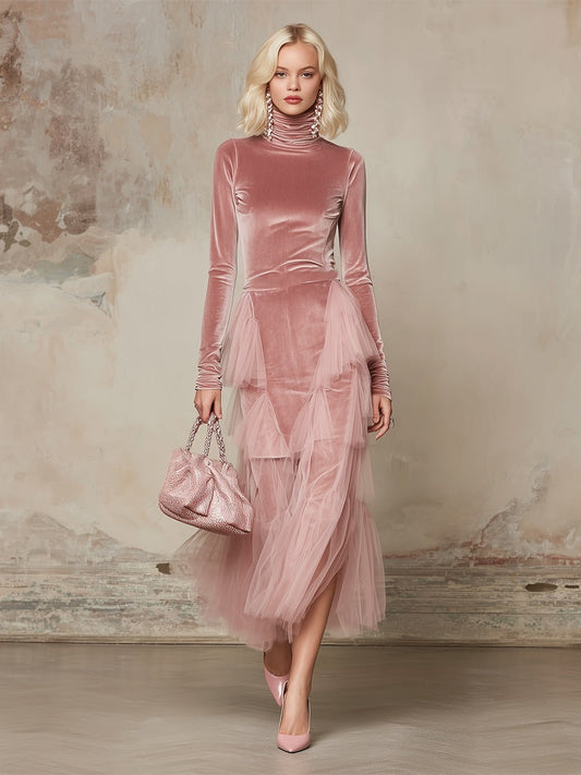 Elegant And Gentle Pink Velvet Organza Trimmed Maxi Dress