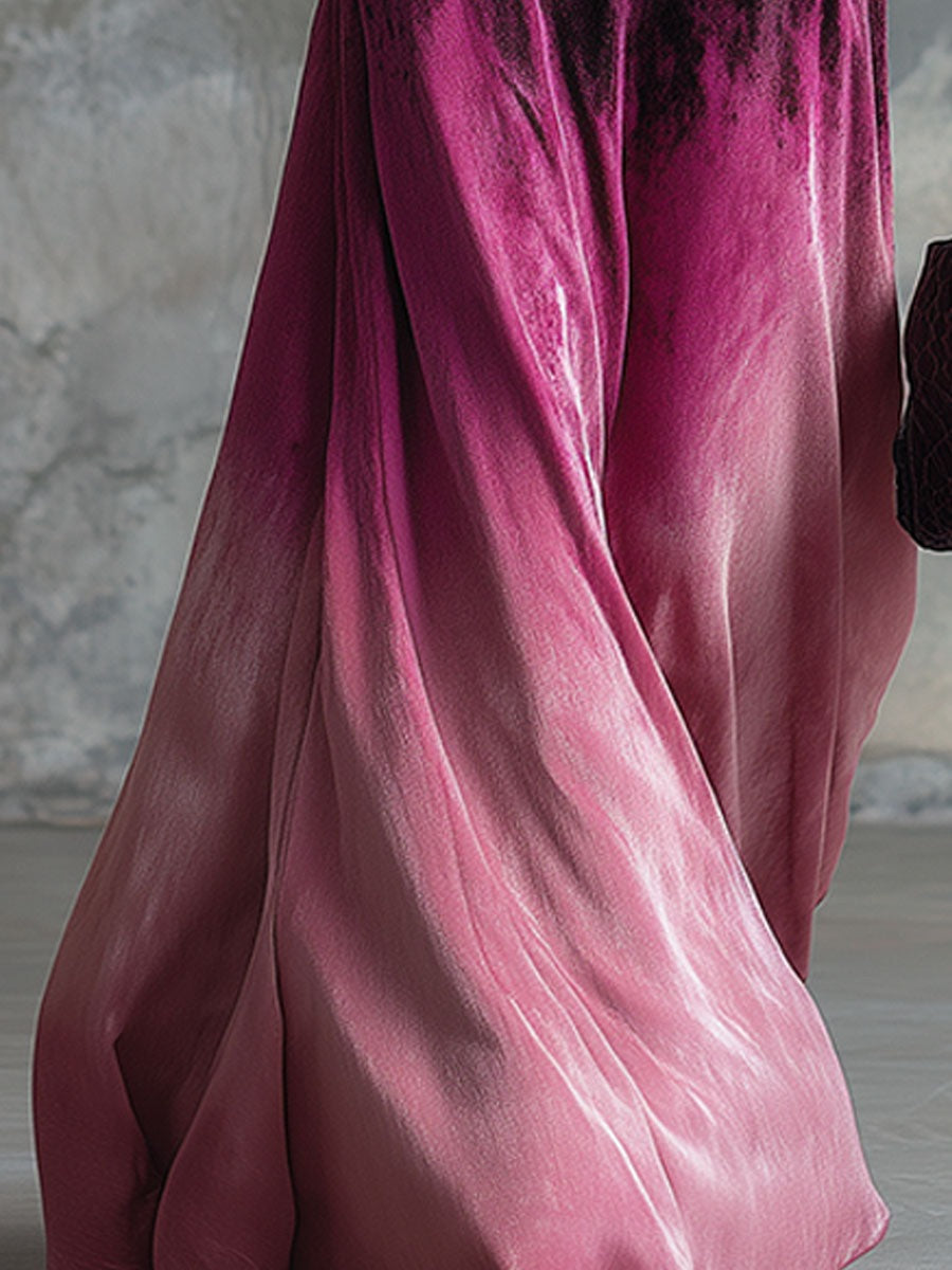 Elegant And Loose-fitting Black And Pink Gradient Velvet Maxi Dress