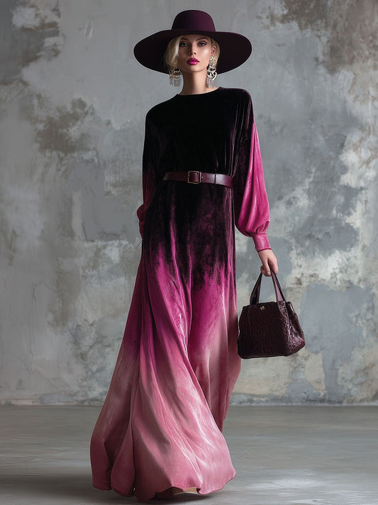 Elegant And Loose-fitting Black And Pink Gradient Velvet Maxi Dress