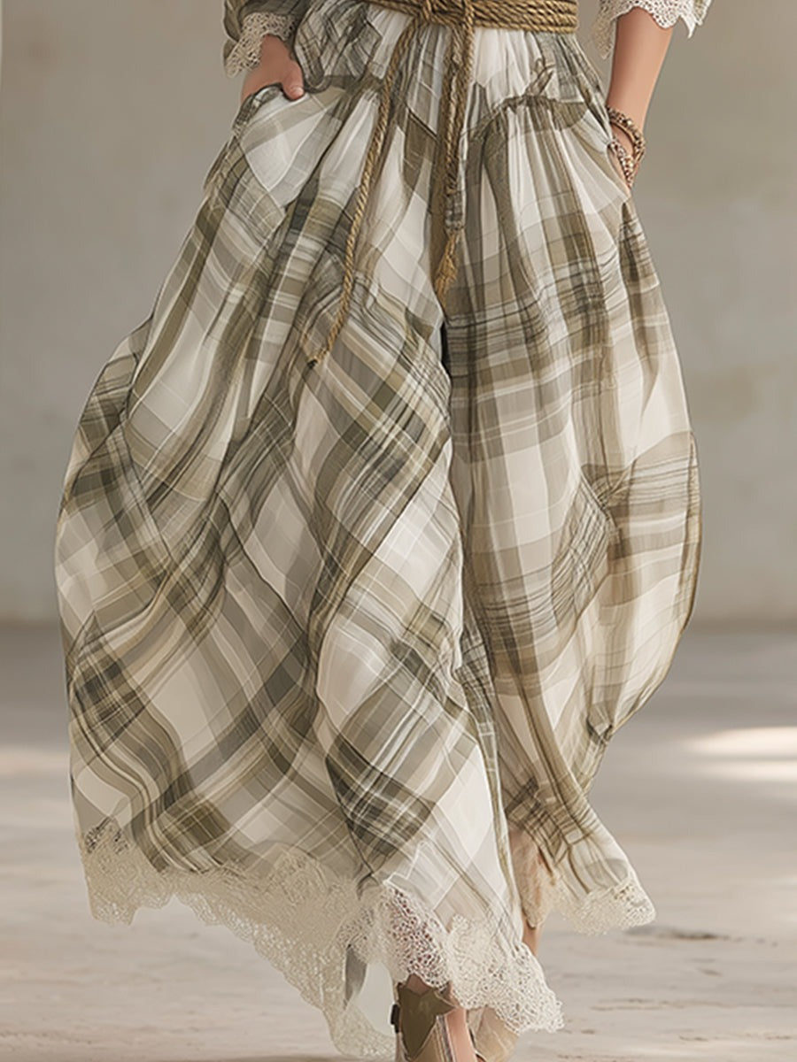 Retro-chic Pastoral Light Green Plaid Lace-trimmed Chiffon Maxi Dress