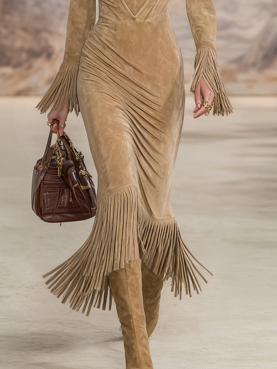Retro Western Style V-neck Fringed Faux Suede Maxi Dress