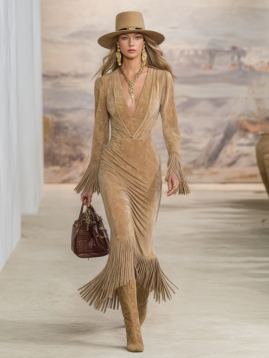 Retro Western Style V-neck Fringed Faux Suede Maxi Dress