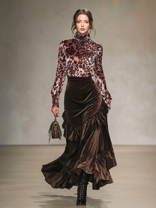 Vintage Leopard Print Stand-up Collar Velvet T-shirt And Ruffled Skirt Set