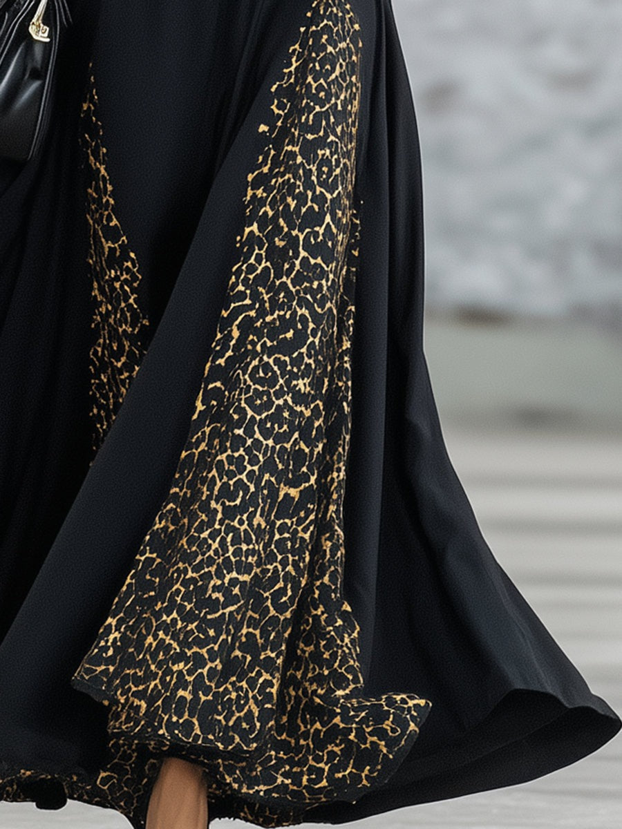 Elegant Black Turtleneck With Leopard Print Trim Maxi Dress