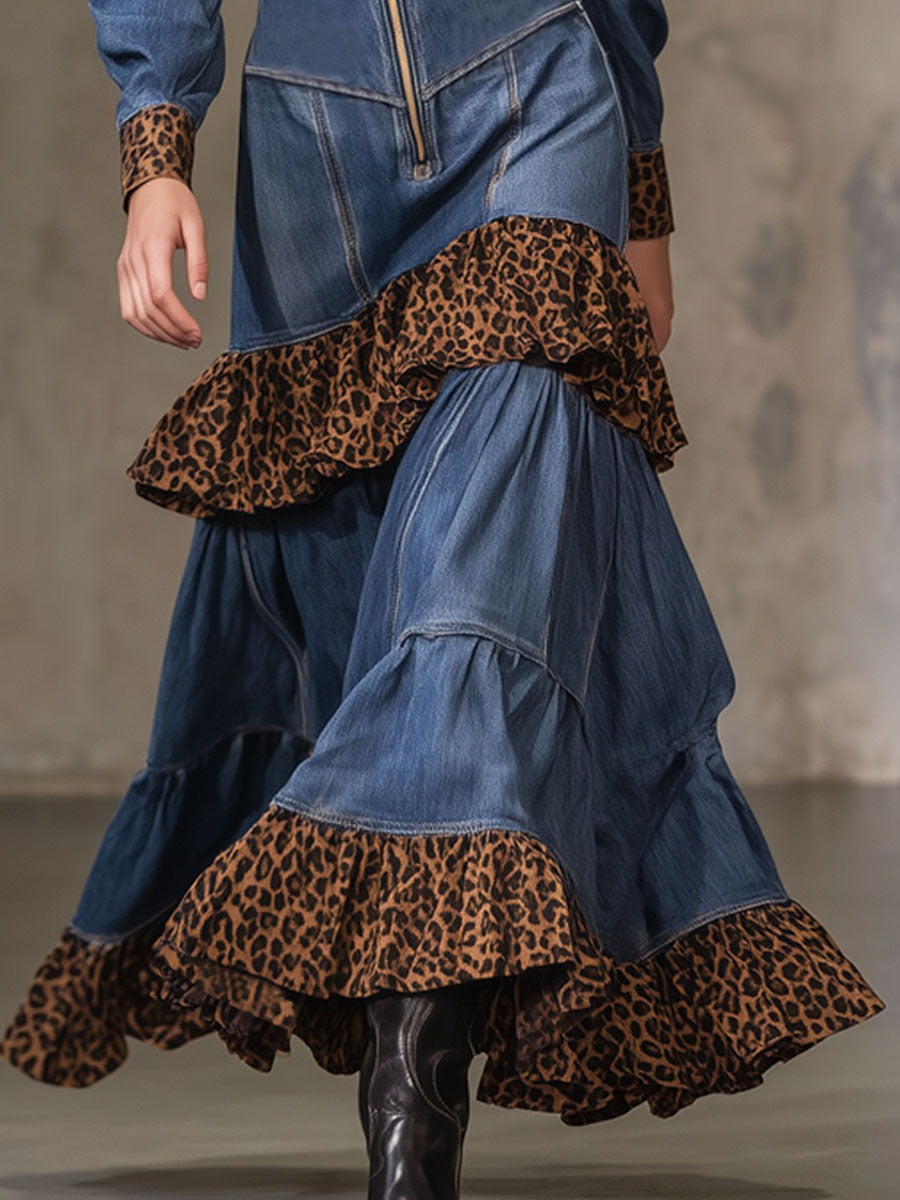 Retro Denim Patchwork Leopard Print Lapel Zip-up Maxi Dress