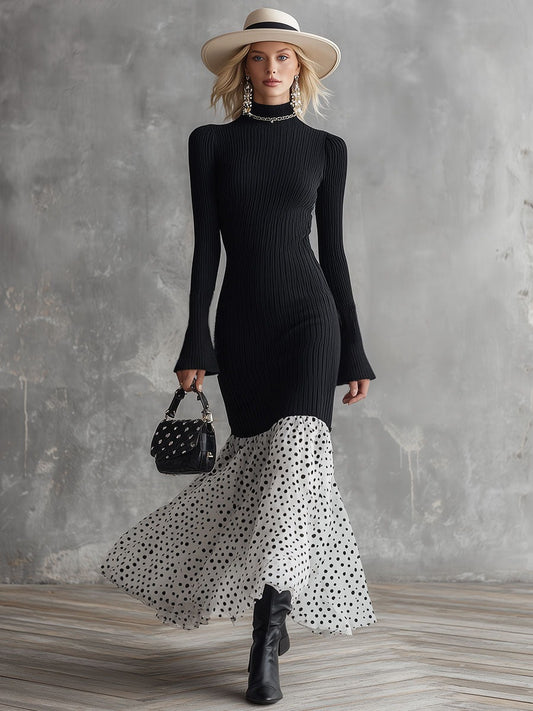 Stylish And Elegant White Polka Dot Chiffon Black Knit Maxi Dress