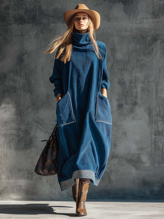 Casual Fashion Vintage High Collar Large Side Pockets Blue Corduroy Midi Dress
